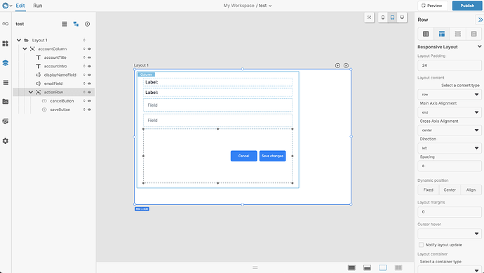 The completed account form in LiveCode Create, with Cancel and Save changes aligned to the right inside actionRow.